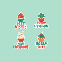 Christmas cupcakes badges, stickers set with quotes. Best wishes, Sweet Christmas, Merry Christmas, Holly Jolly,



