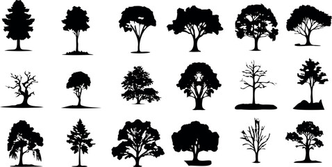 diverse tree silhouettes vector illustration, perfect for nature, park, and landscape themes. Ideal for forest scenery in graphic design projects. - obrazy, fototapety, plakaty