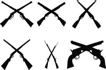 Crossed guns and Pistols Evolution Silhouettes in editable vector. Easy to change color or manipulate. eps 10.