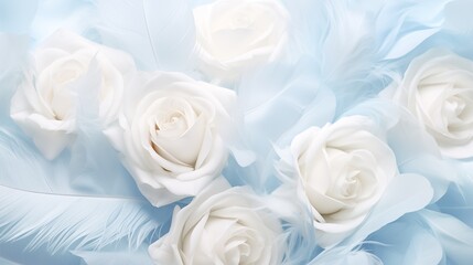 Beautiful of white roses with feather on light background.