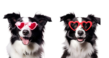 Set for Valentine’s Day: Border Collie with Cute Heart-Shaped Sunglasses, Isolated on Transparent Background, PNG