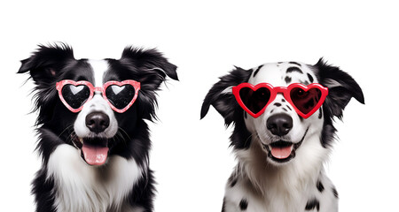 Heart-Shaped Sunglasses on a Cute Border Collie: Valentine’s Day Set, Isolated on Transparent Background, PNG - obrazy, fototapety, plakaty
