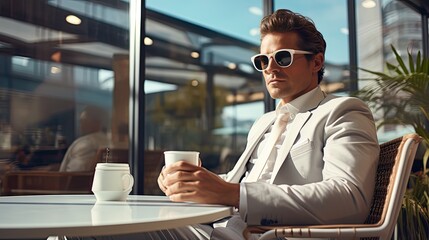 White dressed handsome man having coffe