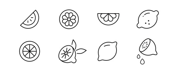 Orange Lemon, lime - food icon set. Farm fruit citrus line icons set, editable stroke isolated on white, linear vector outline illustration, symbol logo design style