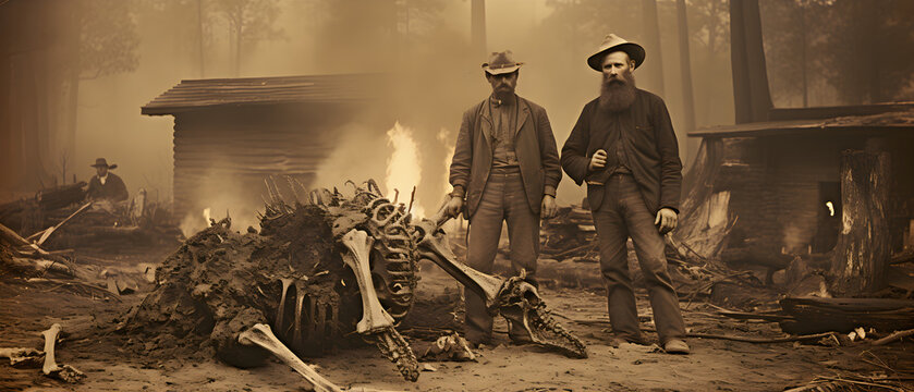 Vintage Photograph Of Cowboys And A Dinosaur Skeleton.  Illustration On The Theme Of History And Photography, People And Lifestyle. Generative AI	

