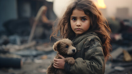 Palestine war survivor girl holding a teddy bear 