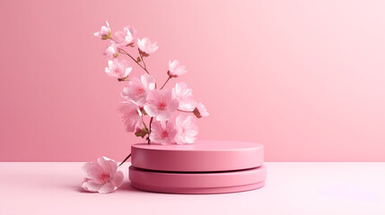 Pastel color product display podium with blossom flowers on pink background