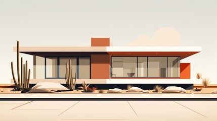 A captivating digital isolated house background featuring a mid-century modern residence with clean lines, large windows, and a minimalist garden, perfect for a stylish and architectural home