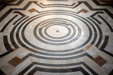 Harmonious blend of marble tiles forming an intricate labyrinth-like pattern on the floor.