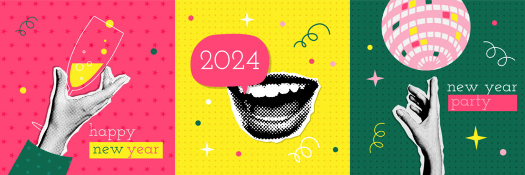 Happy new 2024 year party cards set in halftone design with yelling mouth and hands holding champagne and mirror ball. Colorful paper collage style illustrations. Vector template for poster, banner