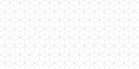Subtle seamless pattern with geometric hexagonal lattice, 3d cube grid. Simple thin gray lines texture on white background. Vector abstract repeat ornament. Minimalist geo design for decor, print, web - obrazy, fototapety, plakaty