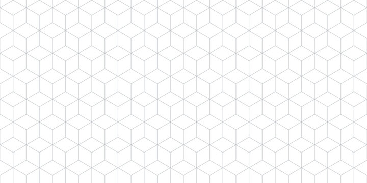 Subtle seamless pattern with geometric hexagonal lattice, 3d cube grid. Simple thin gray lines texture on white background. Vector abstract repeat ornament. Minimalist geo design for decor, print, web