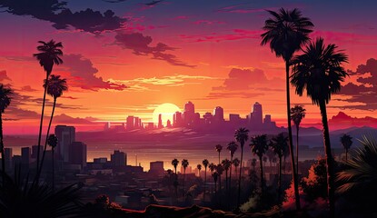 the landscape in los angeles has palm trees on it, in the style of bold graphic comic book art - obrazy, fototapety, plakaty