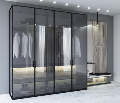 Glass wardrobe in loft style in the hallway