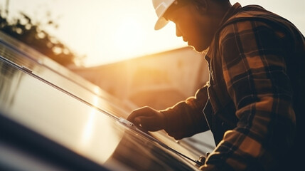 Man in Plaid Shirt and Cap Working on Car Maintenance during Golden Hour Sunset