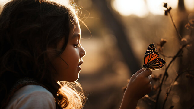 Young Girl Admiring Monarch Butterfly in Golden Sunset Light Outdoors Nature Encounter