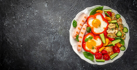 Breakfast set. fried eggs with sausages, mushrooms and vegetables on a dark background. Long banner format. top view. copy space for text