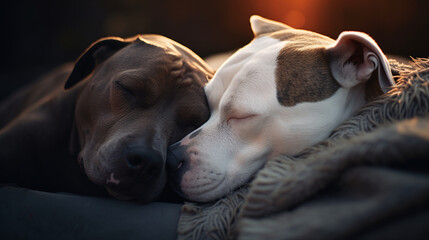 Peaceful Sleeping Dogs Cuddled Up Together in Warm Golden Light
