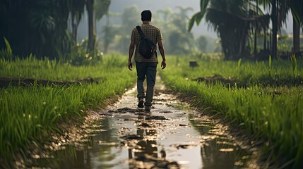 Man walking alone through a village road