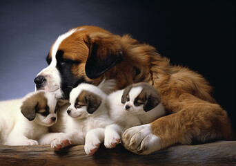 Adorable Saint Bernard Adult Dog with Cute Puppies on Wooden Surface with Dark Background