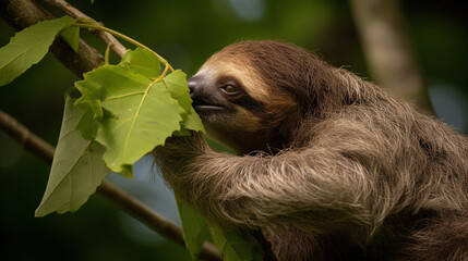 Sloth in Natural Habitat Munching on Green Leaves Close Up Wildlife 