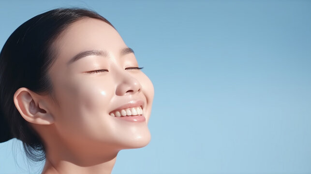Happy Young Asian Woman Enjoying the Sunlight with Closed Eyes and a Radiant Smile Against a Clear Blue Sky Background