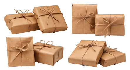 Set of brown craft paper wrapped gift boxes, cut out