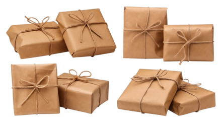 Set of brown craft paper wrapped gift boxes, cut out