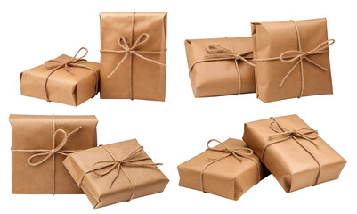 Set of brown craft paper wrapped gift boxes, cut out