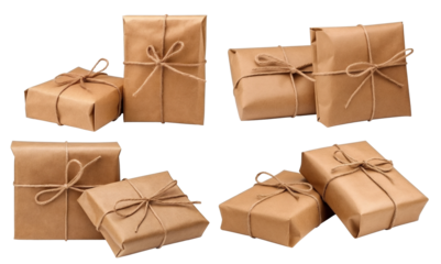 Set of brown craft paper wrapped gift boxes, cut out