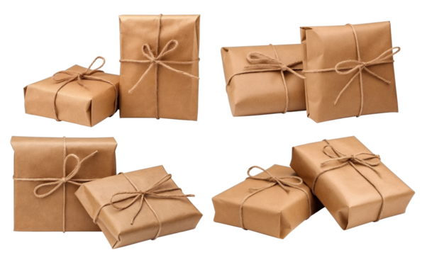 Set of brown craft paper wrapped gift boxes, cut out