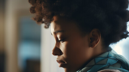 Contemplative Young African American Woman Looking Out Of Window In Soft Natural Light