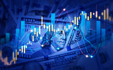 Dollars banknotes with stock market chart graph for currency exchange and global trade forex...
