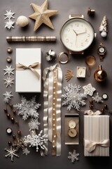 A Christmas setup presented in a flat lay with various holiday trinkets arranged against a neutral backdrop  AI generated illustration