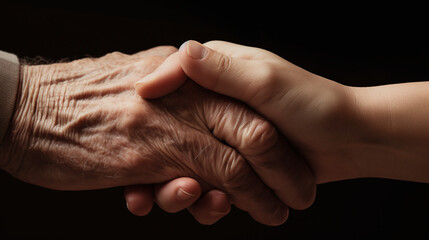 Fototapeta premium Elderly Hand Holding Young Hand in Solidarity and Support Against Dark Background