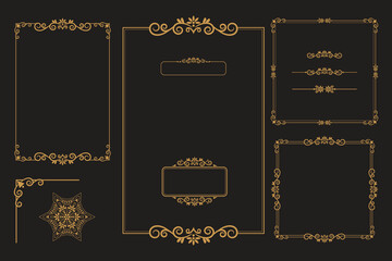 Set Of Golden Vintage ornament with border, frame, crown, ornate,  mandala and luxury elements, suitable for vintage design or wedding invitation card
