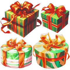 Set of Christmas gifts, New Year presents, gift boxes with ribbons, png illustration