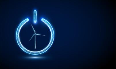 Abstract blue wind turbine in power button. Alternative renewable power generation. Green energy concept Low poly style - obrazy, fototapety, plakaty