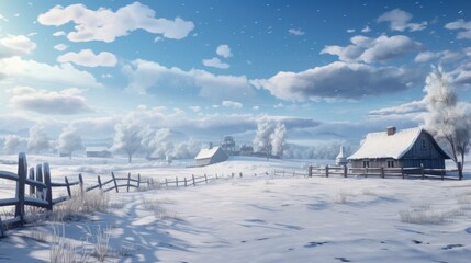 A farm covered in fresh white snow sparkling under the sunlight but devoid of any life  AI generated illustration