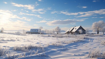 A farm covered in fresh white snow sparkling under the sunlight but devoid of any life  AI generated illustration