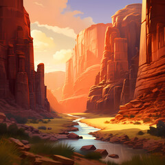 a calming canyon scene with warm hues and gentle shadows