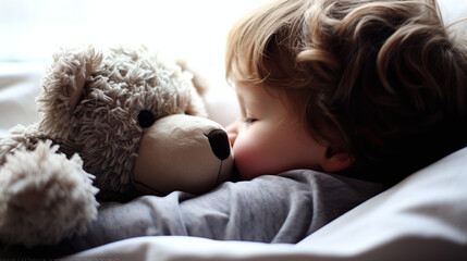 Toddler Embracing Teddy Bear in a Tender Moment of Childhood Comfort and Security