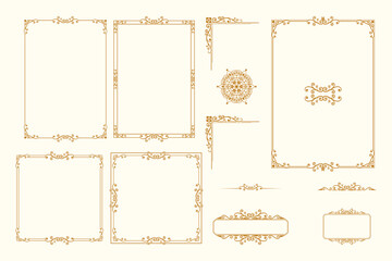 Set Of Golden Vintage ornament with border, frame, crown, ornate,  mandala and luxury elements, suitable for vintage design or wedding invitation card

