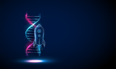 Naklejka premium Abstract flying rocket and blue and purple 3d DNA molecule helix. Biotechnology engineering concept. Low poly style.