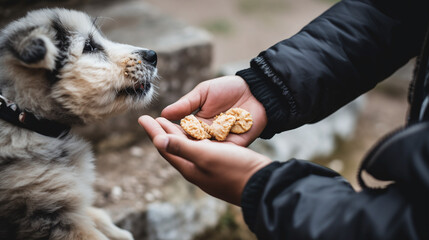 Owner handing treats to cute dog during outdoor adventure