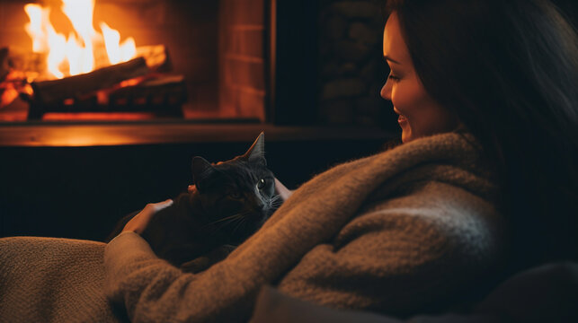 Woman Enjoying Cozy Moment with Pet Cat by Warm Fireplace at Home