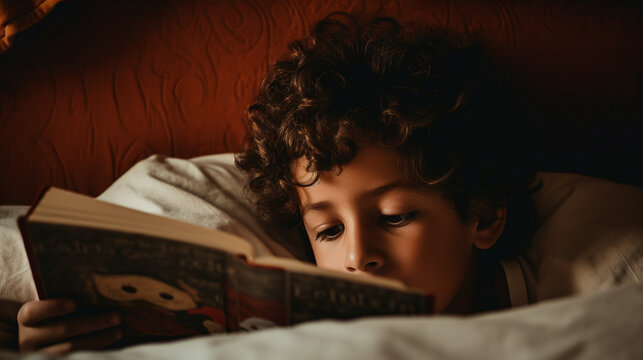 Young Boy Engrossed in Reading a Book Under Warm Light in Cozy Bedroom Setting
