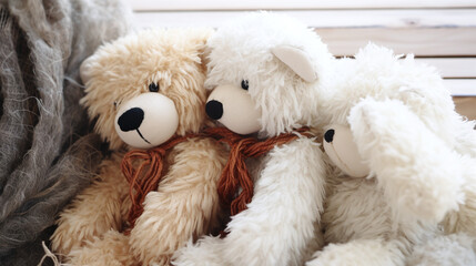 Close Up of Cute Fluffy Teddy Bears with Scarves Perfect for Children’s Room Decor and Gift Ideas