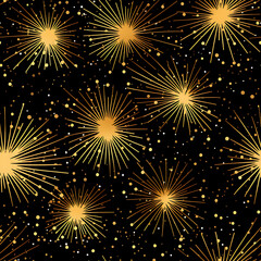 Fireworks Seamless Pattern - New Year Black and gold glitter pattern - Golden glitter fireworks illustration