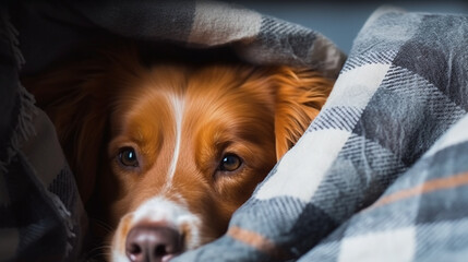 Cute Ginger Dog Peeking Out from Cozy Plaid Blanket Closeup  - obrazy, fototapety, plakaty